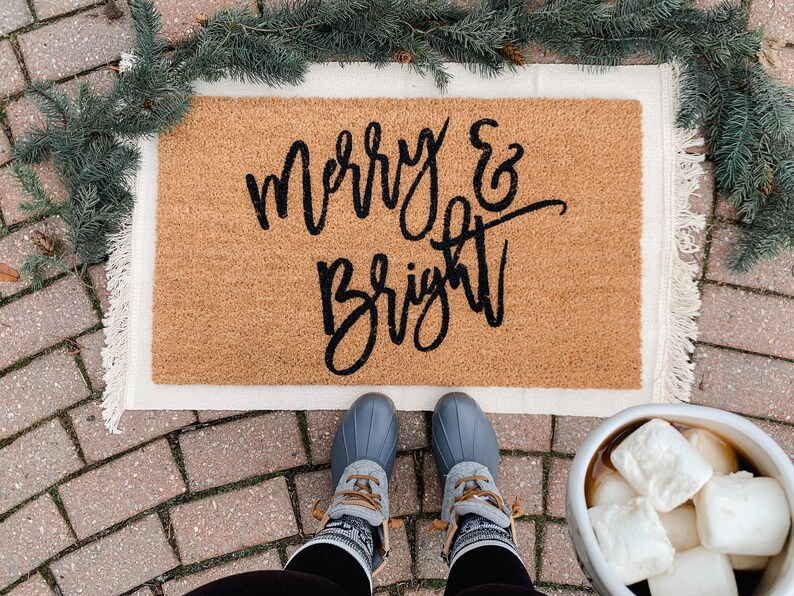 Christmas Doormat,Merry and Bright Welcome mat, Holiday Door mat, Christmas Decor, Holiday Decoration, Outdoor Decor, Funny Holiday Doormat image 1