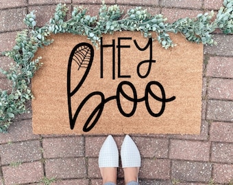 Hey Boo Welcome Mat, Fall Decor, Doormat, Door mat, pumpkin season, pumpkin decor, Halloween Decor, thanksgiving doormat, new homeowner gift