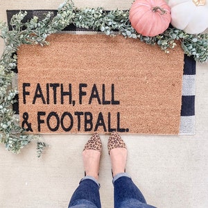 Faith Fall and football doormat, door mat, welcome mat, football decor, fall decor, football team, football family mat, football mom gift
