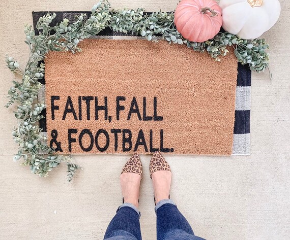 Custom Doormat Fall decor Porch Decor - Welcome Mat Housewarming Gift Faith Family and Football Football Decor