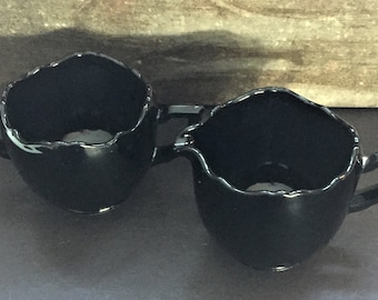 Vintage, Black Amethyst, Sugar Bowl, Creamer, Set, EAPG, Soft Scalloped, Black, 1930s, Cottage, Table, Footed & Handled, Birthday, Gift