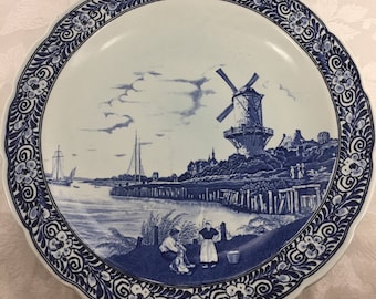 Large Blue and White Charger Royal Sphinx Delfts Petrus Regout Maastricht Holland Ships Village Windmill Water Shoreline Family Countryside