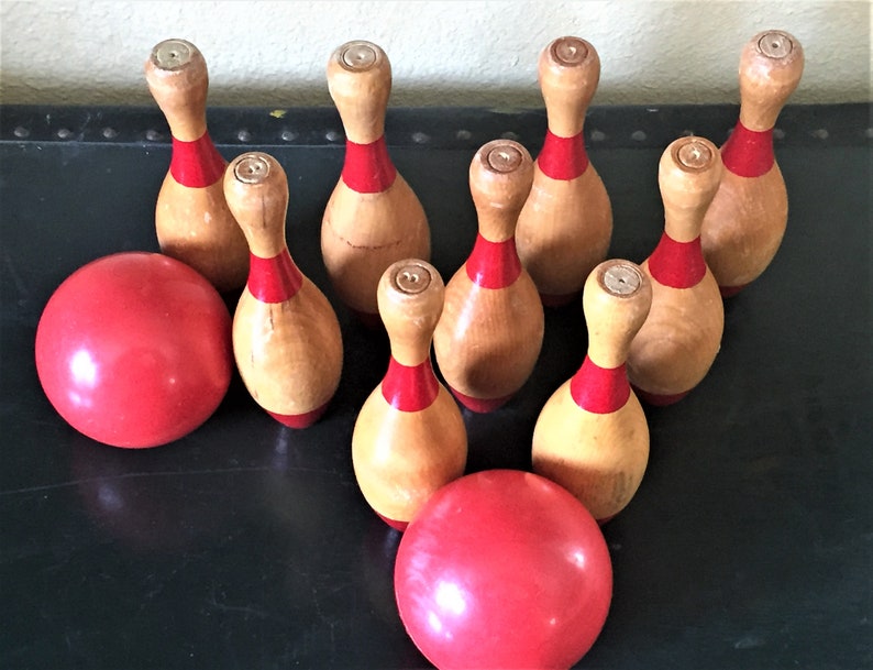 Vintage, Skittles, Bowling, Game, 9 Pins, Wood, Hand Turned, Children