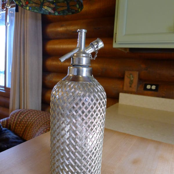 Reserved seltzer bottle, Sparklets Ltd. London, soda siphon, wire mesh wrapped bottle, bar decor, bar ware, vintage glass bottl, glass straw