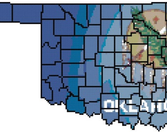 Oklahoma State Map of Counties with Flag Overlay (Digital Cross Stitch Pattern)