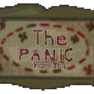 May include: A framed sign with the text "The Panic Room" in a decorative font. The sign has a brown frame and a beige background with a red floral pattern.