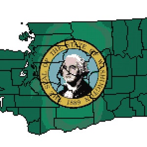 Washington State Karte der Grafschaften mit Flaggen-Overlay (Digitales Kreuzstichmuster)