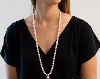 Pink Pearl Necklace with Large Baroque Pearl Pendant