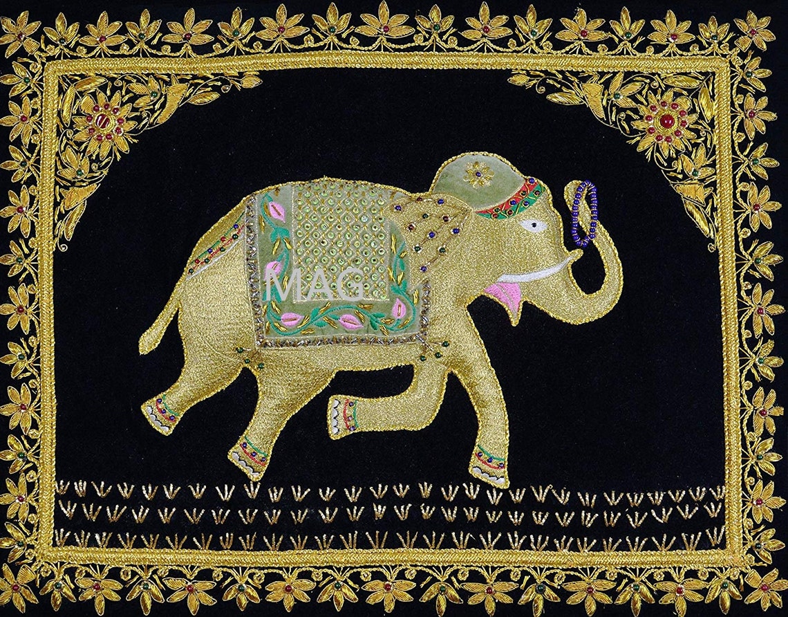 Indian Embroidered Elephant Design Handmade Zardosi Wall Etsy