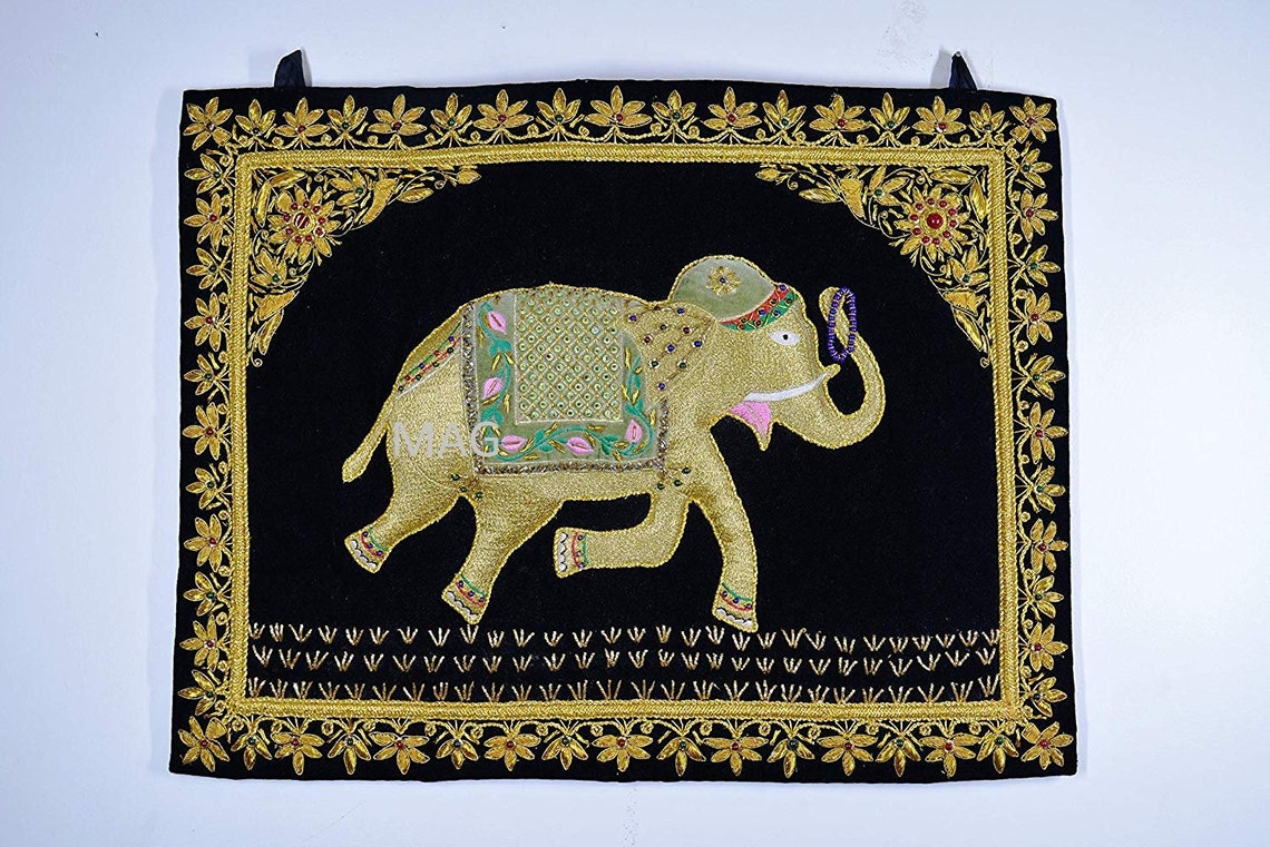 Indian Embroidered Elephant Design Handmade Zardosi Wall Etsy