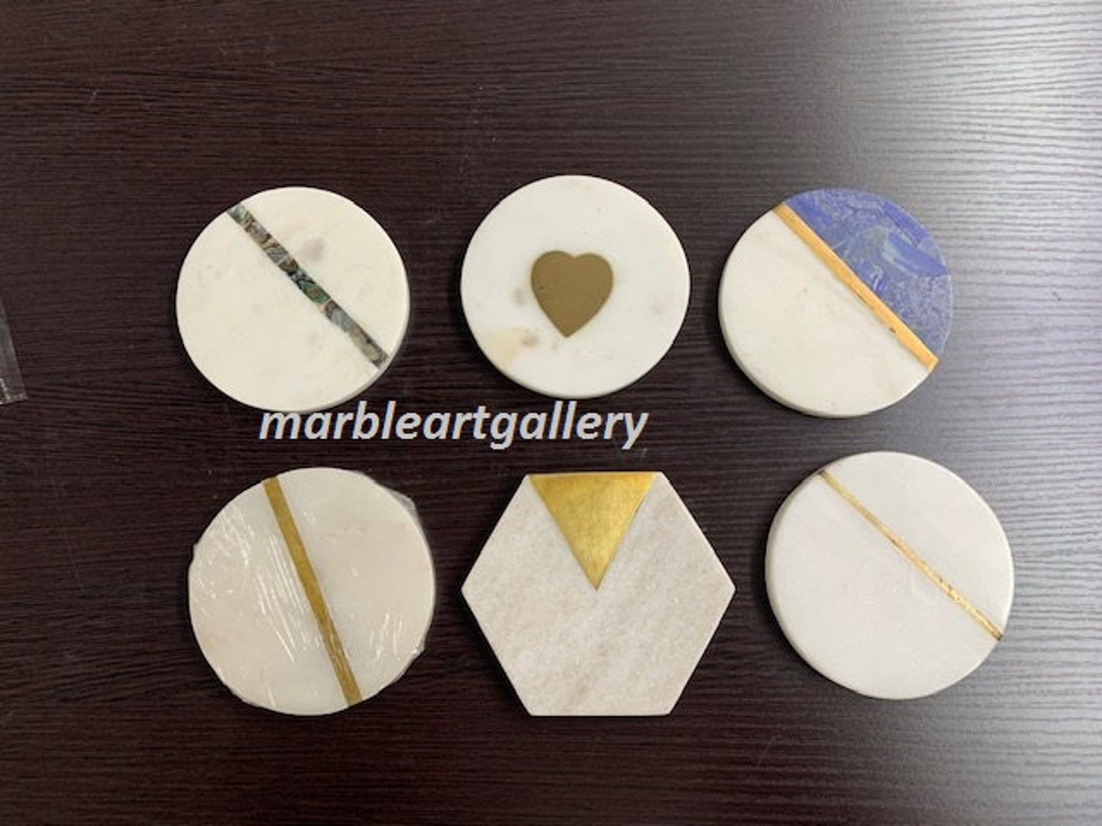 Marble Inlay Coaster Set Handmade Brass Shell Work Inlay Art Etsy
