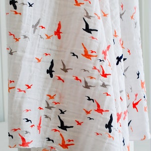 Gauze Swaddle Blanket, Swaddle for girl or Boy, Navy Coral Grey and Peach Birds in Flight, 100% Cotton, Swaddle Blanket for Newborns