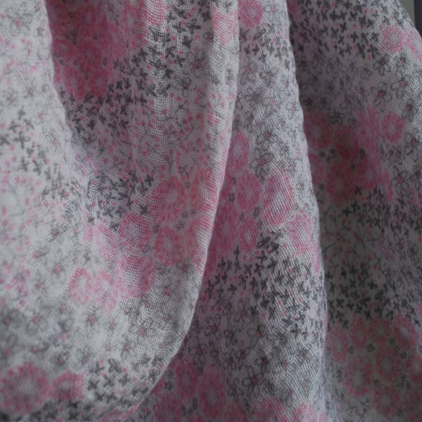 Pink and Gray Double Gauze Swaddle Blanket, Flower Pattern, 100% Cotton, Swaddle Blanket for Newborns, Swaddle for Girl, Pink, White Trim