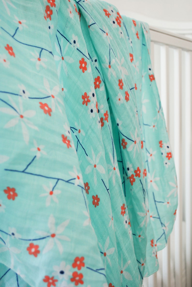 Teal Floral Gauze Swaddle Blanket Baby Shower Gift Baby Girl Etsy
