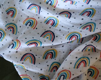 Multicolored rainbow swaddle, double gauze swaddle,100% cotton swaddle blanket, baby swaddle, rainbows and stars, shower gift