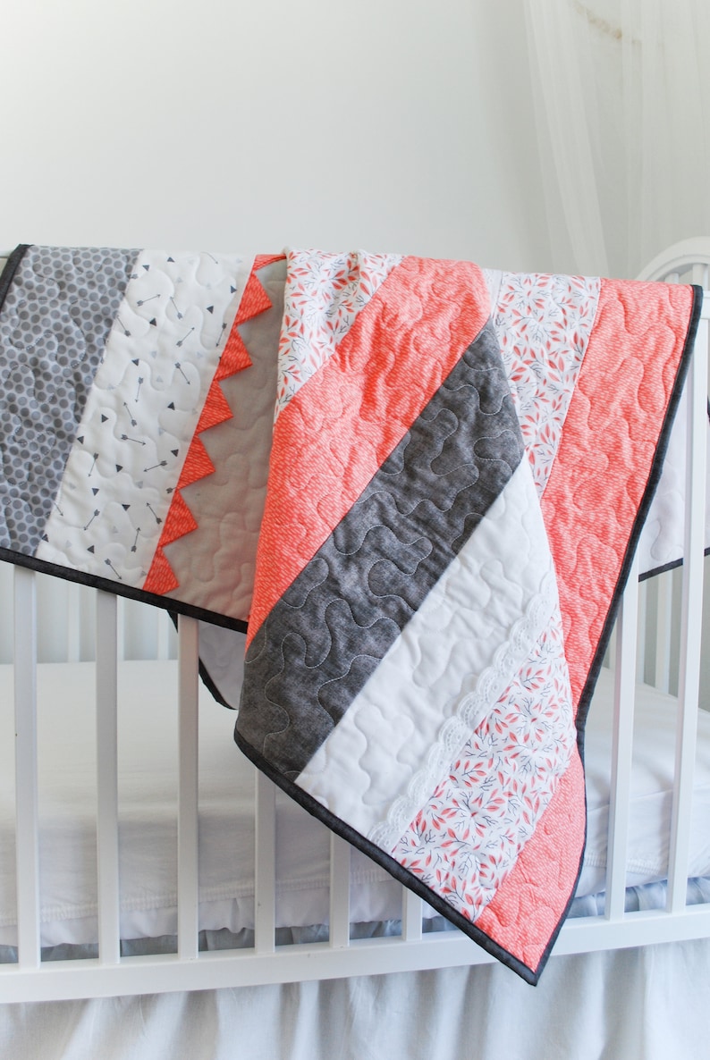 Coral and Gray Baby Quilt Newborn Baby Blanket Gray Arrows Etsy