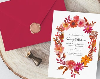 Watercolour Autumnal Blooms Wreath Invite