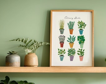 Herb Illustration-Culinary Herb Print-Garden Herbs-Hand painted Herbs-Watercolour Herbs-Collage Herbs-Kitchen Decor-Country Chic-Kitchen art