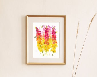 Watercolour Flower Painting-flowers and bees-Snapdragon watercolour flowers-Mother’s Day Gift-English Country Garden painting