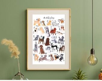 An A-Z of Dogs-A3 Dog Alphabet-Alphabet poster-ABC of dogs-Dog lovers print-Dog wall art-Alphabet print-Housewarming dog print-Dog ABC