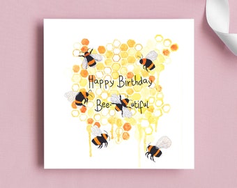 Happy Birthday Bee-utiful - Bee Birthday cards - Bee pun birthday card - Watercolour bees card - matching gift wrap & card - honey bee cards