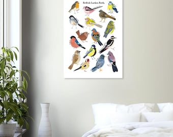 May include: A white wall art print titled British Garden Birds featuring colorful watercolor illustrations of various bird species including a robin, blue tit, and goldfinch, each labeled with its common name in black text on a white background.