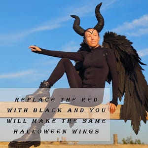 May include: A person wearing a black costume with large black wings and curved horns. The image includes the text "REPLACE THE RED WITH BLACK AND YOU WILL MAKE THE SAME HALLOWEEN WINGS."