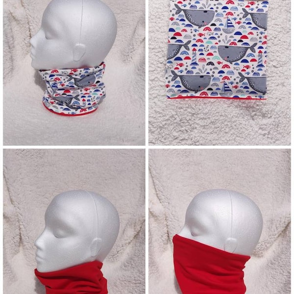 Children's, Snood, Kid's Face Covering, Reversible Snood, Jersey Snood, Scarf, Jersey Scarf, Children's Scarf, Toddler, Whales, Red, Mask