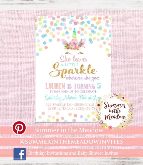 Unicorn Sparkle Birthday Party Invite, She leaves a little Sparkle, Confetti Birthday Party Invitation, First Birthday, Any Age Il_570xn