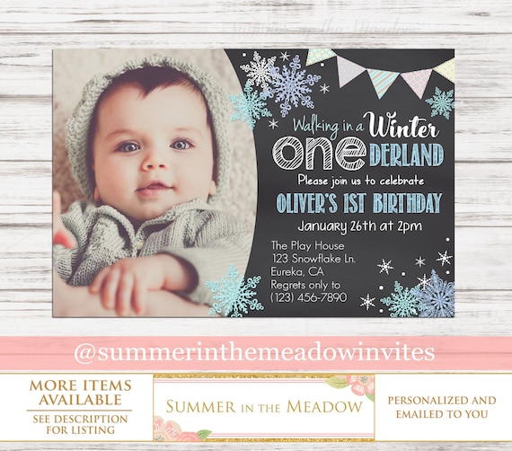 Winter ONEderland Birthday Party Invitation, Boy Blue and Silver, First Birthday Invite, Boy ONEderland Birthday Party, Snowflakes, Photo Il_570xn