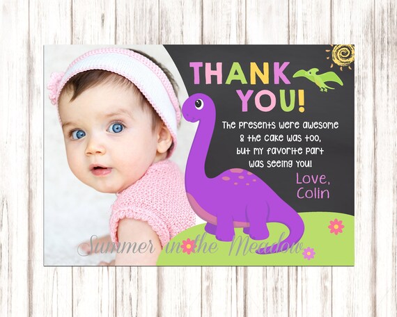 Dinosaur Thank You Card with Photo, Birthday Thank You Card, Thank you for coming to my party, Dino Thank You Card, First Birthday, Girl Il_570xn