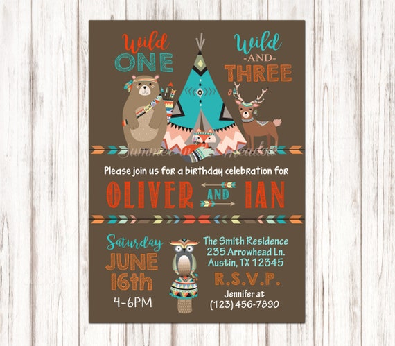 Wild One and Wild Three Birthday Party Invitation, Wild One invitation, Wild and Three Invite, Tribal Woodland Animals, Boys, Brothers Il_570xn