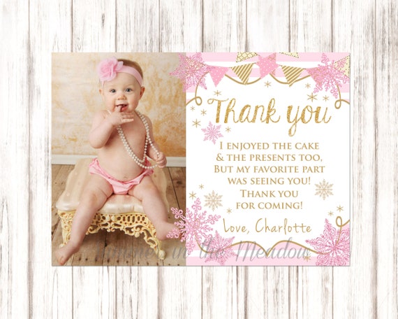 Winter Onederland Thank You Card-Winter Thank You Card-Snowflake Thank You Card-Pink and Gold Thank You Card-First Birthday Thank You