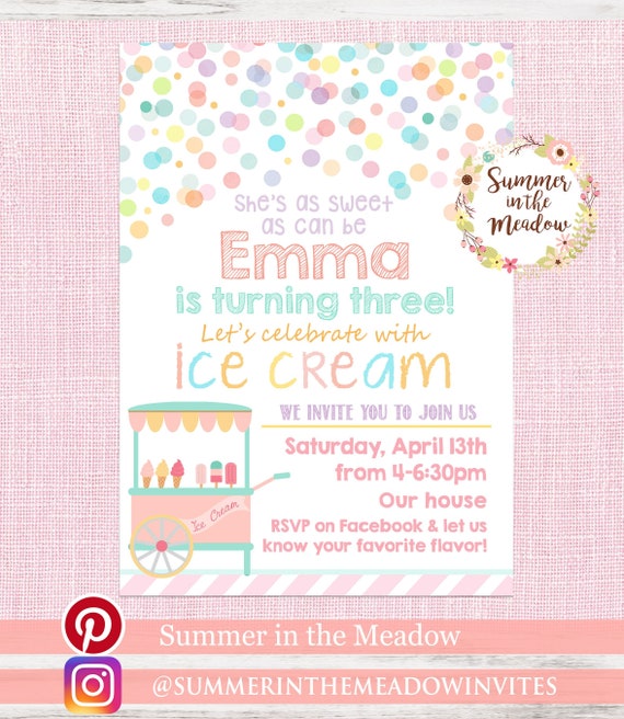 Ice Cream Birthday Party Invitation, Birthday Invite, Confetti Dots, Third Birthday Party, Invitation with Ice Cream Cart, 3rd Birthday Il_570xn