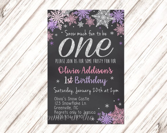 Snow much fun to be One Birthday Party Invitation, First Birthday Snow Invite, Silver Glitter One, Snowflakes, 1st Birthday, Pink and Purple Il_570xn