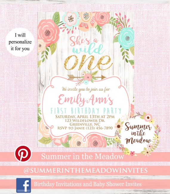 Wild One Birthday Party Invitation, She's a wild one invitation, Wild One Birthday Girl with Flowers, First Birthday Invite, Gold Glitter Il_570xn
