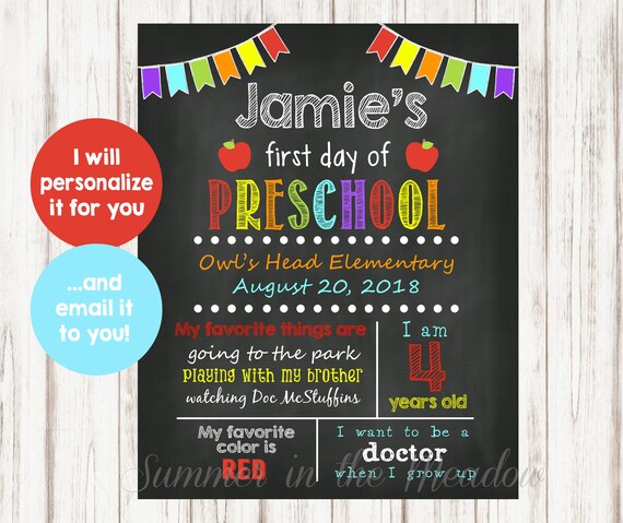 First Day of Preschool Chalkboard Sign, Photo Prop, First Day of School Board, Sign with favorites, Personalized, Rainbow Colors Il_570xn