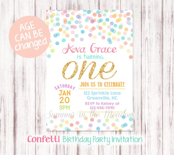 Confetti Birthday Party Invitation, First Birthday Invite, Confetti Invite, Gold Glitter One Invite, Confetti Dots, Any Age Il_570xn