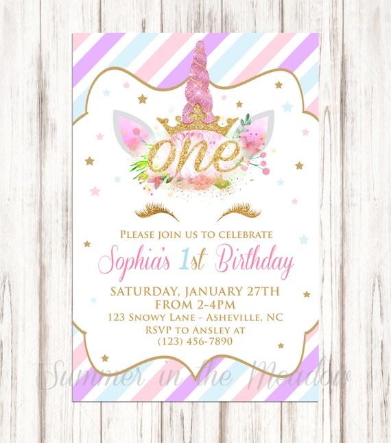 Unicorn First Birthday Party Invitation, Gold Glitter, First Birthday Invite, Gold Glitter One, Pink, Purple, Blue, Princess Unicorn Il_570xn