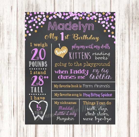 Purple and Gold First Birthday Party Chalkboard Sign, Purple and Gold Glitter, Sparkle, Confetti dots, Birthday Chalkboard, Printable Il_570xn
