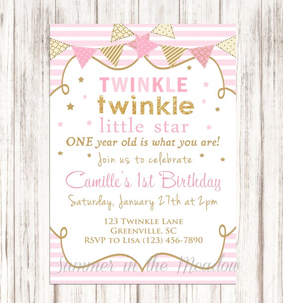 Twinkle Twinkle Little Star Birthday Party Invitation, Pink and Gold Glitter First Birthday Invite, Pink and Gold Party, Pink Stripes Il_570xn