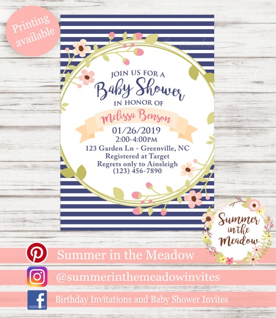 Pink and Navy Baby Shower Invitation, Navy Stripes Invitation, Baby Shower Invite, Baby Girl, Pink Flowers Il_570xn