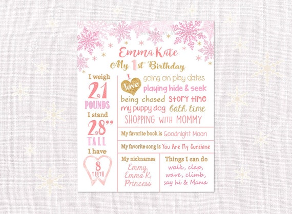 Pink and Gold Snowflakes First Birthday Party Chalkboard Sign, Gold Glitter, Pink and White Snowflakes, Birthday Chalkboard, White Il_570xn