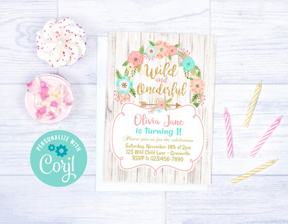 Editable Wild and Onederful Birthday Party Invitation, Onederful Birthday Girl with Pink and Blue Flowers, Corjl Template Il_570xn