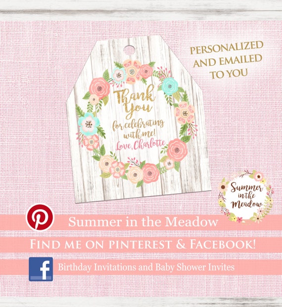 Thank You Hang Tags, Wild One Favor Tags, Matching, Flower Wreath, Pink and Blue Flowers, Printable, Wild one birthday, Wild Three Il_570xn