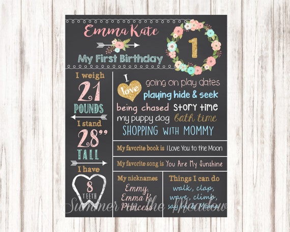 Wild One Birthday Chalkboard Sign, Chalkboard Poster, Arrows, Flowers Birthday Chalkboard, Printable, She's Wild One, First Birthday, Stats Il_570xn