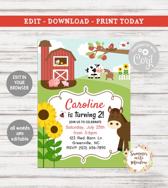 Farm Birthday Party Invitation, Farm Birthday Invite, First Birthday Farm Invite, Red Barn, Farm Party Invite with sunflowers and horse Il_570xn
