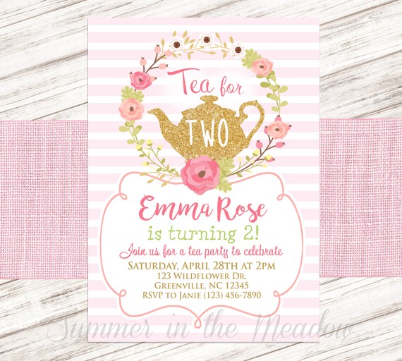 Tea for Two Birthday Party Invitation, Tea Party Birthday Invite, Girl Birthday Invite, Turning Two, Teapot with Flowers Invite, Tea Party Il_570xn