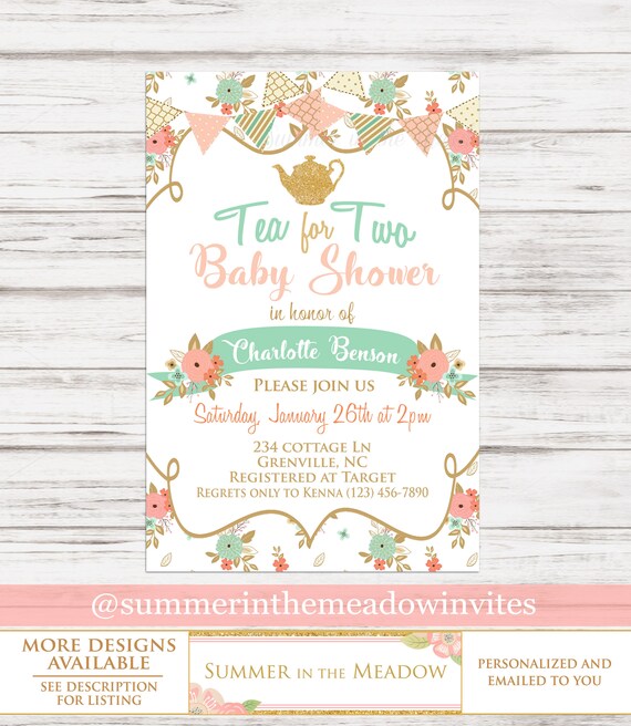 Tea for Two Baby Shower Invitation, Tea Party Baby Shower Invite, Teapot, Tea Party, Shabby Chic, Peach and Mint Il_570xn
