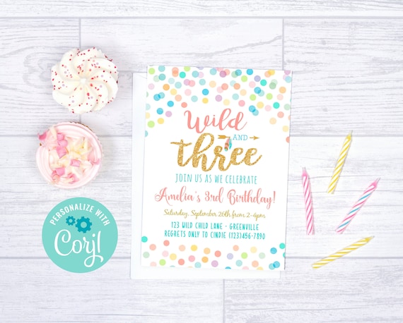 Editable Wild and Three Birthday Party Invitation, Wild and Three Gold Glitter Invite, Confetti Dots 3rd Party Invite, Editable Corjl Invite Il_570xn